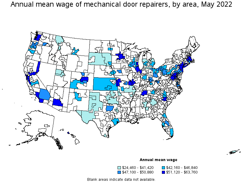 Map of annual mean wages of mechanical door repairers by area, May 2022