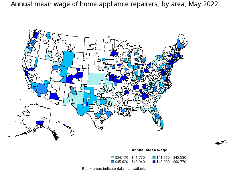 Map of annual mean wages of home appliance repairers by area, May 2022