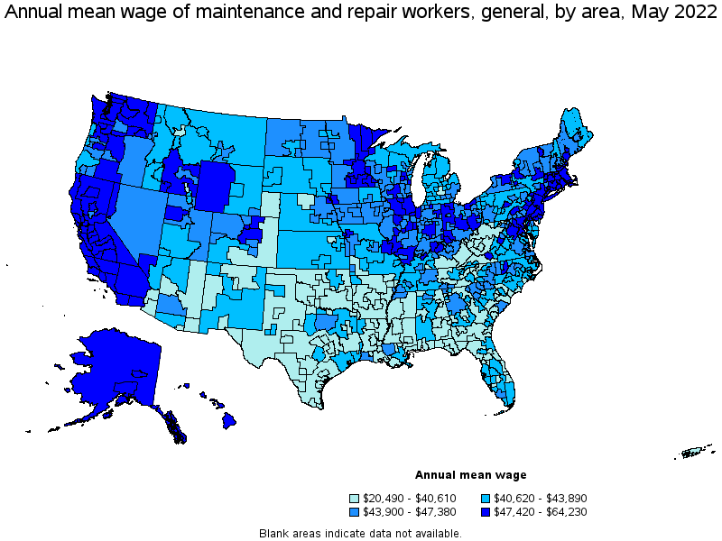 Map of annual mean wages of maintenance and repair workers, general by area, May 2022