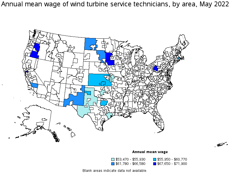 Map of annual mean wages of wind turbine service technicians by area, May 2022