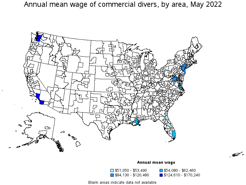 Map of annual mean wages of commercial divers by area, May 2022