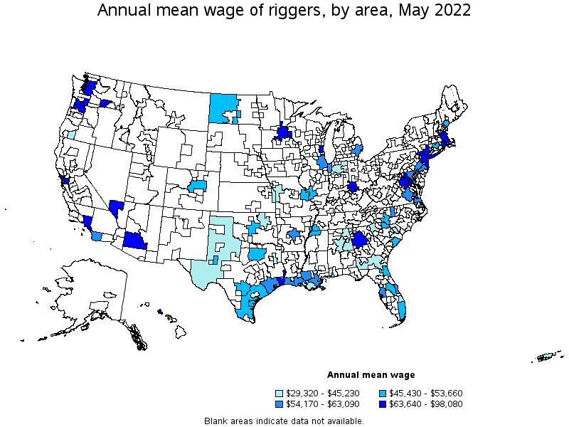 Map of annual mean wages of riggers by area, May 2022