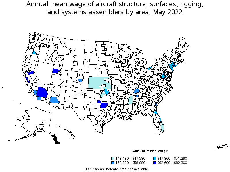 Map of annual mean wages of aircraft structure, surfaces, rigging, and systems assemblers by area, May 2022