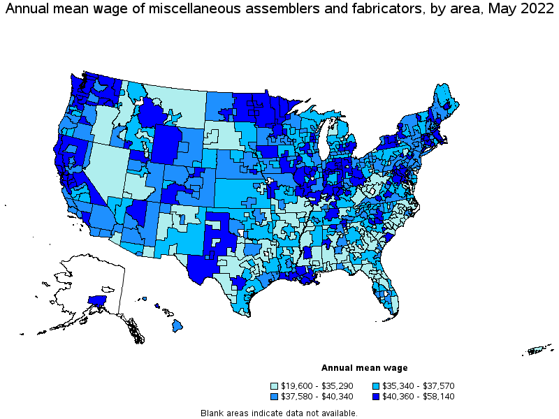 Map of annual mean wages of miscellaneous assemblers and fabricators by area, May 2022