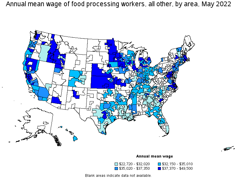 Map of annual mean wages of food processing workers, all other by area, May 2022