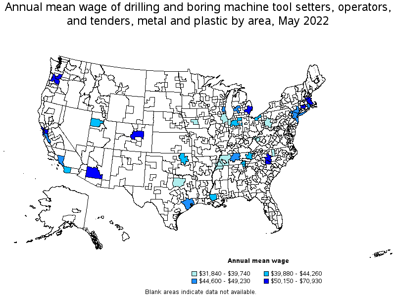 Map of annual mean wages of drilling and boring machine tool setters, operators, and tenders, metal and plastic by area, May 2022