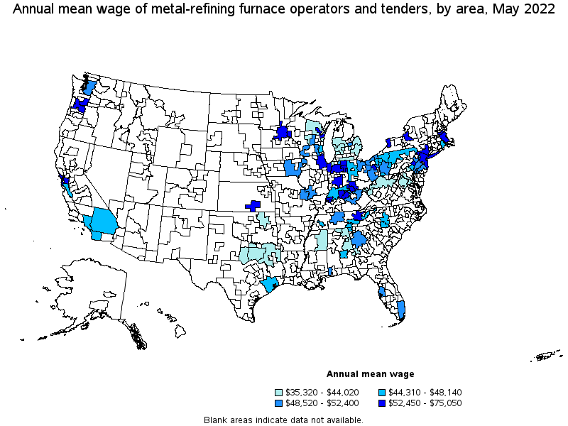 Map of annual mean wages of metal-refining furnace operators and tenders by area, May 2022