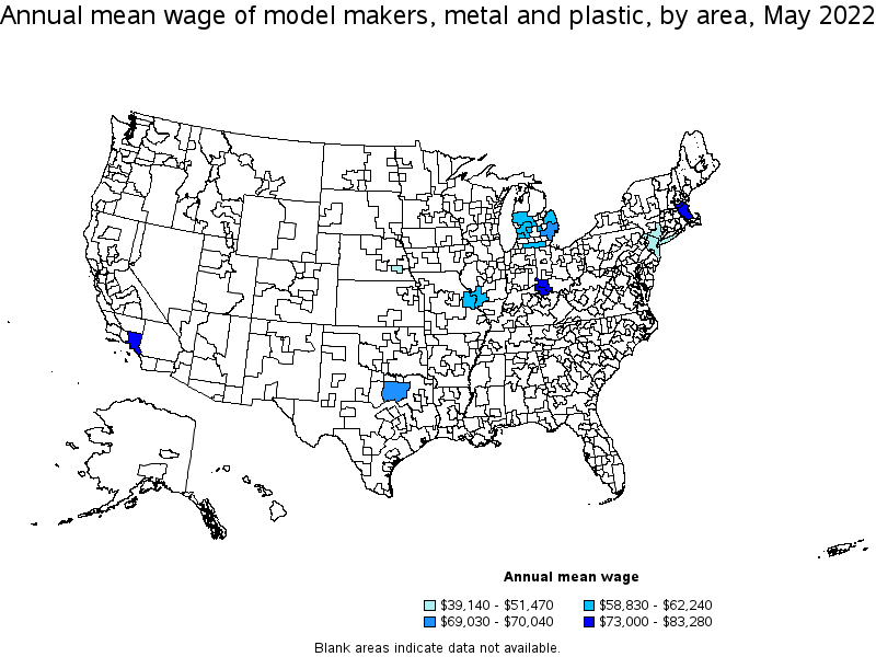 Map of annual mean wages of model makers, metal and plastic by area, May 2022