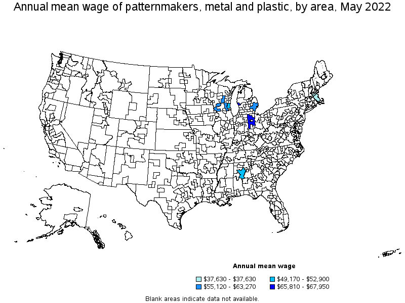 Map of annual mean wages of patternmakers, metal and plastic by area, May 2022