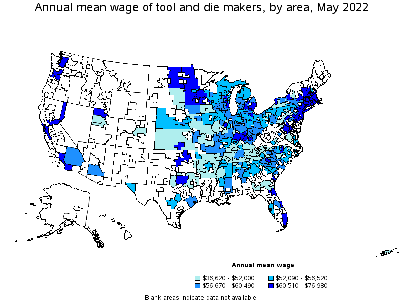Map of annual mean wages of tool and die makers by area, May 2022