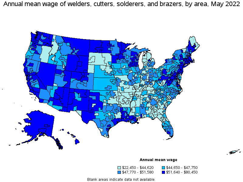 Map of annual mean wages of welders, cutters, solderers, and brazers by area, May 2022