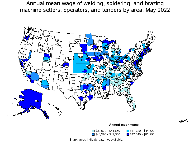 Map of annual mean wages of welding, soldering, and brazing machine setters, operators, and tenders by area, May 2022