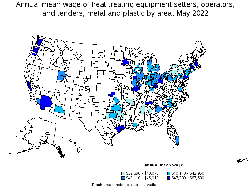 Map of annual mean wages of heat treating equipment setters, operators, and tenders, metal and plastic by area, May 2022