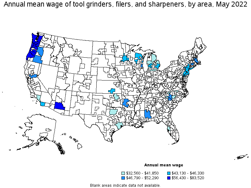 Map of annual mean wages of tool grinders, filers, and sharpeners by area, May 2022