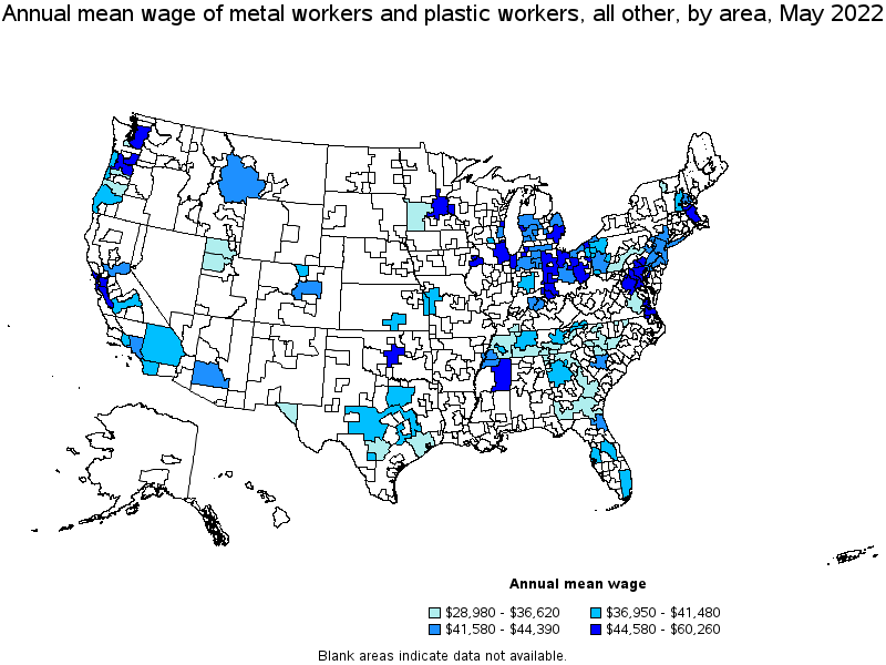 Map of annual mean wages of metal workers and plastic workers, all other by area, May 2022