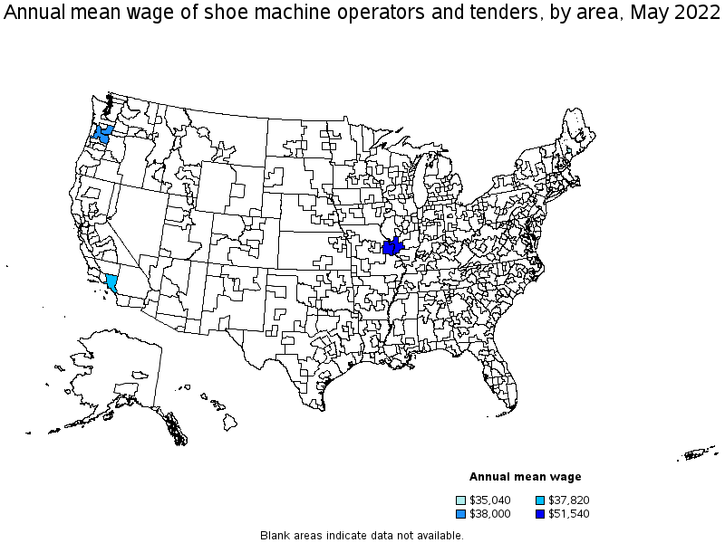 Map of annual mean wages of shoe machine operators and tenders by area, May 2022