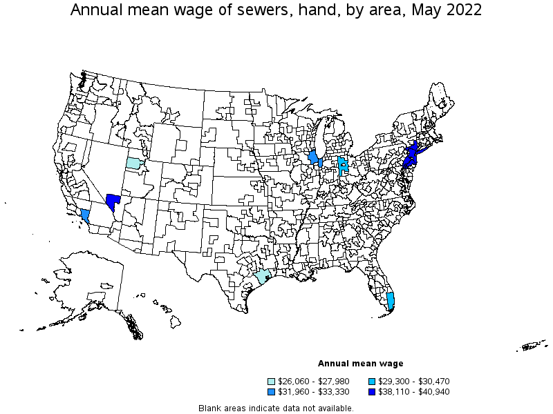 Map of annual mean wages of sewers, hand by area, May 2022