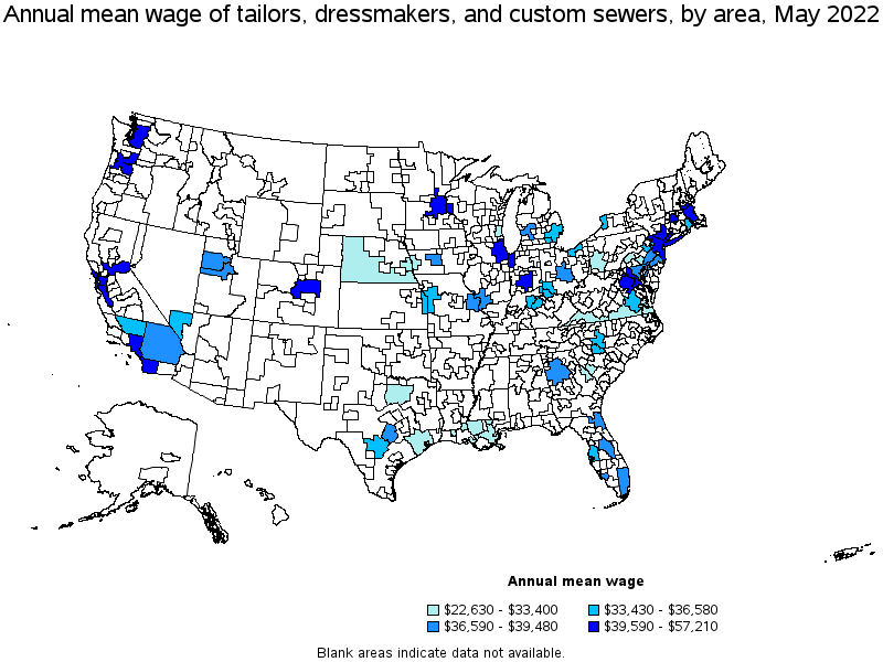 Map of annual mean wages of tailors, dressmakers, and custom sewers by area, May 2022