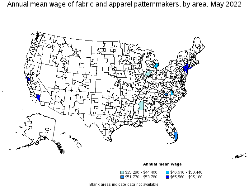 Map of annual mean wages of fabric and apparel patternmakers by area, May 2022