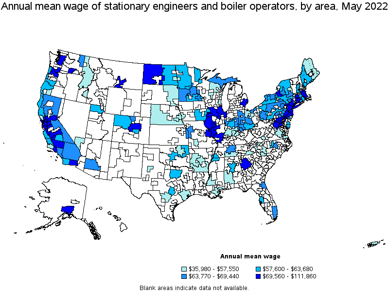 Map of annual mean wages of stationary engineers and boiler operators by area, May 2022