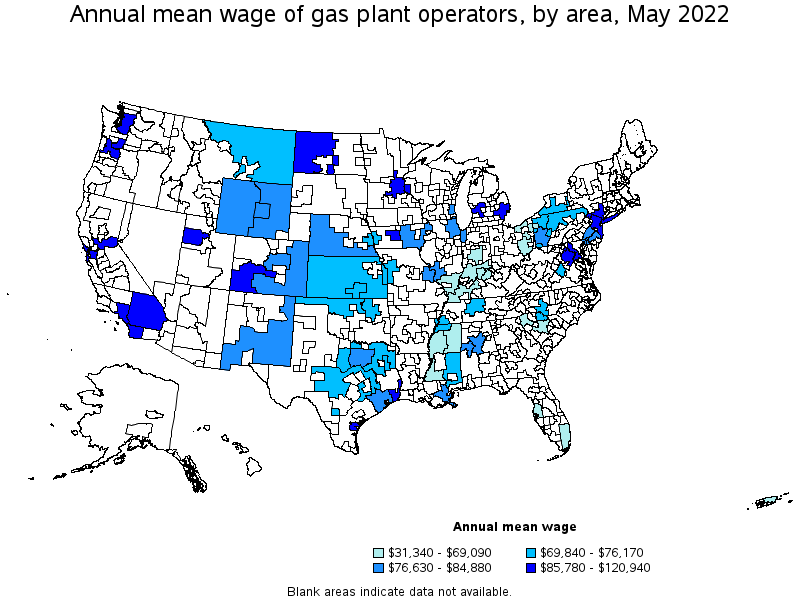 Map of annual mean wages of gas plant operators by area, May 2022