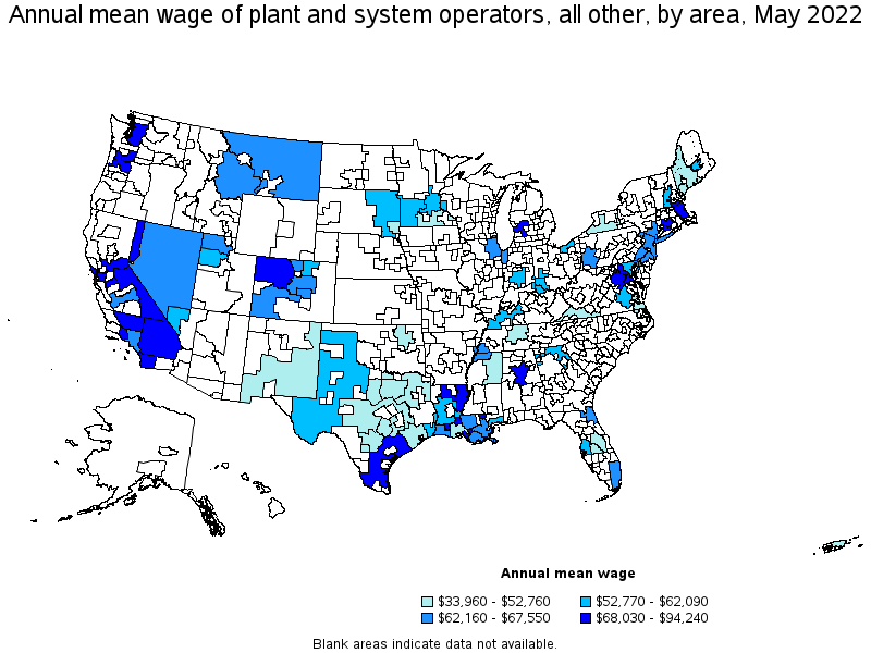Map of annual mean wages of plant and system operators, all other by area, May 2022