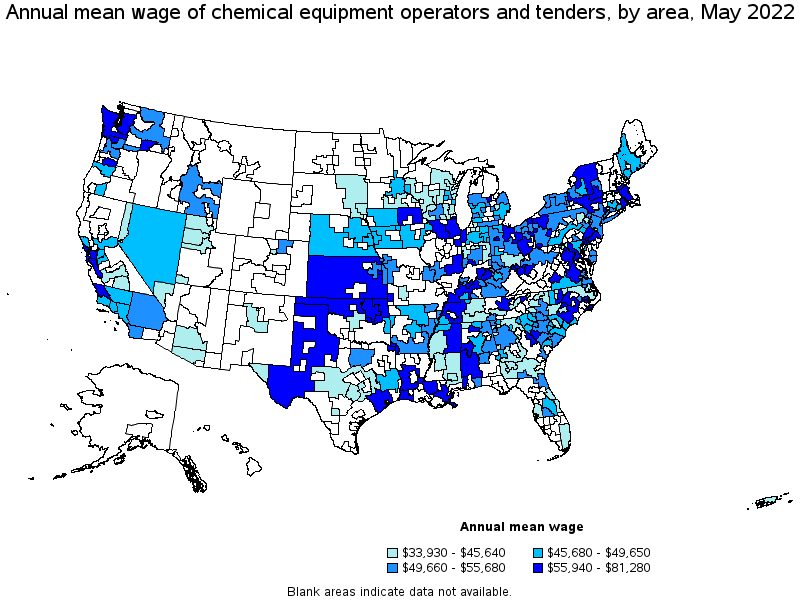 Map of annual mean wages of chemical equipment operators and tenders by area, May 2022