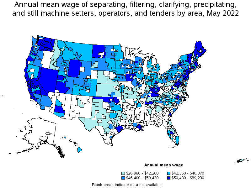 Map of annual mean wages of separating, filtering, clarifying, precipitating, and still machine setters, operators, and tenders by area, May 2022