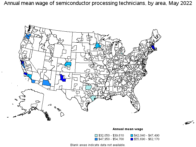 Map of annual mean wages of semiconductor processing technicians by area, May 2022