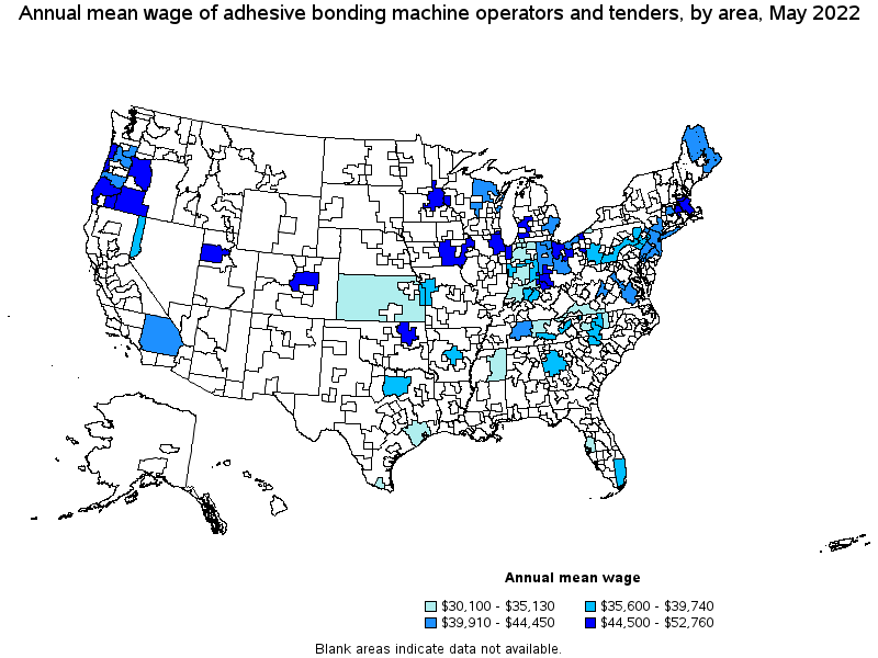 Map of annual mean wages of adhesive bonding machine operators and tenders by area, May 2022