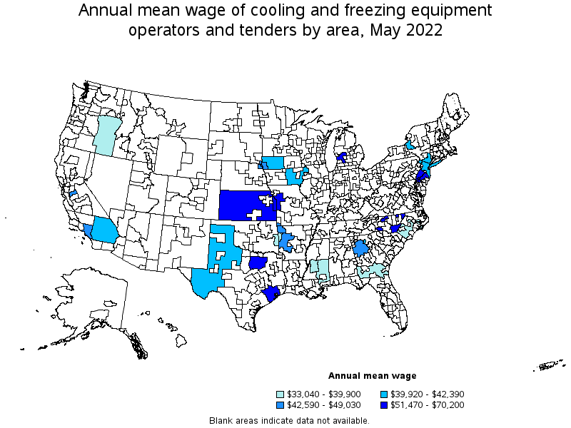 Map of annual mean wages of cooling and freezing equipment operators and tenders by area, May 2022