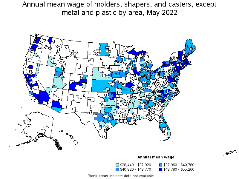 Map of annual mean wages of molders, shapers, and casters, except metal and plastic by area, May 2022
