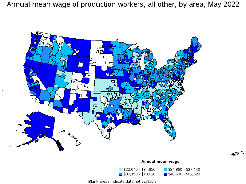 Map of annual mean wages of production workers, all other by area, May 2022