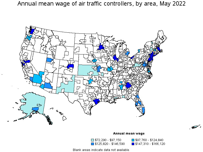 Map of annual mean wages of air traffic controllers by area, May 2022