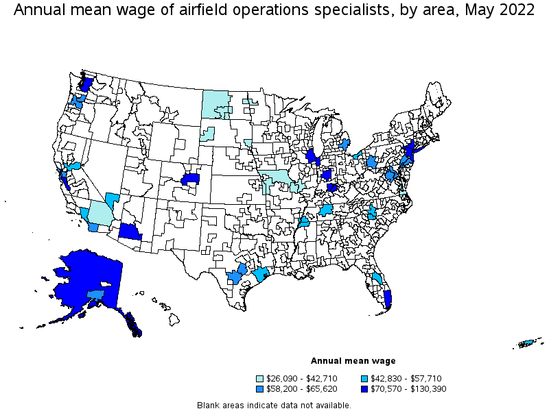 Map of annual mean wages of airfield operations specialists by area, May 2022