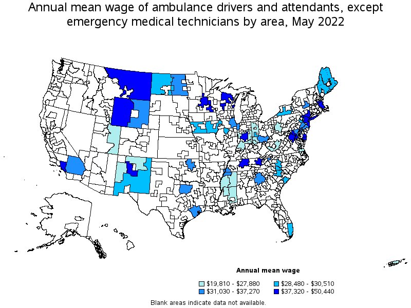 Map of annual mean wages of ambulance drivers and attendants, except emergency medical technicians by area, May 2022