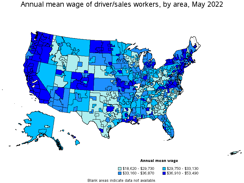 Map of annual mean wages of driver/sales workers by area, May 2022