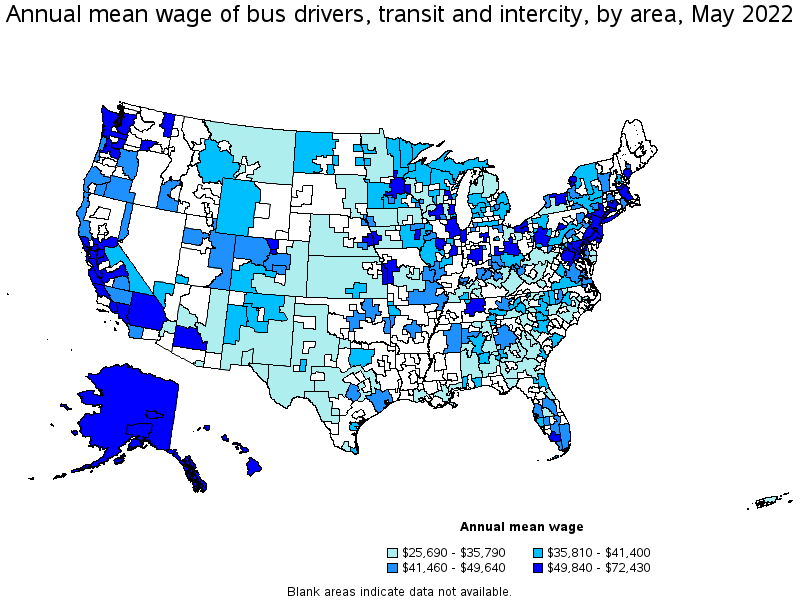 Map of annual mean wages of bus drivers, transit and intercity by area, May 2022