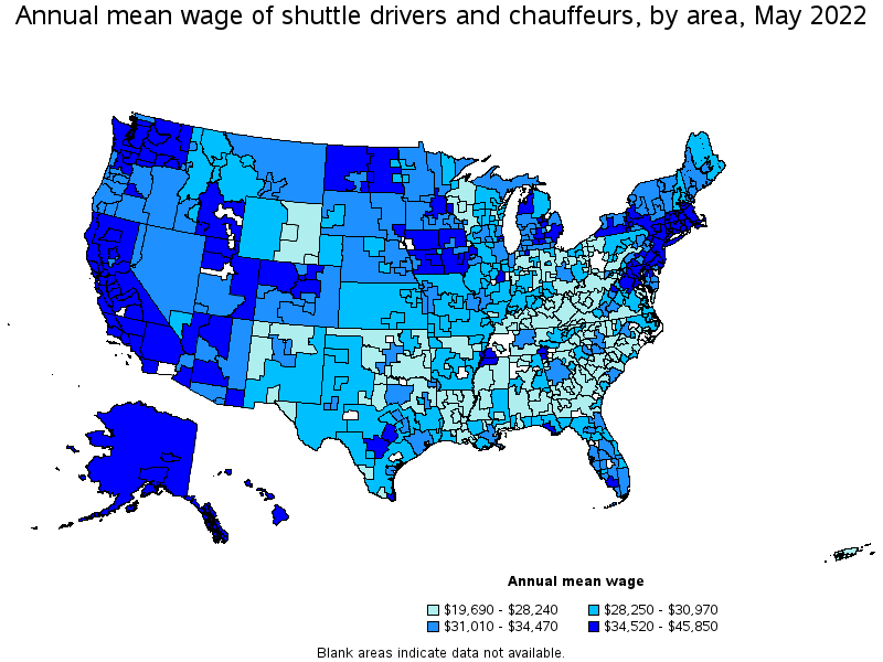 Map of annual mean wages of shuttle drivers and chauffeurs by area, May 2022