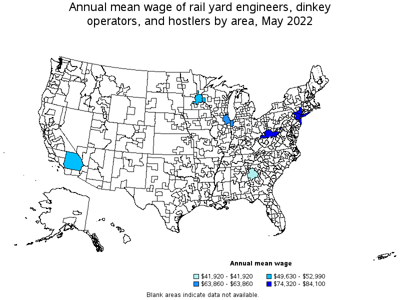 Map of annual mean wages of rail yard engineers, dinkey operators, and hostlers by area, May 2022