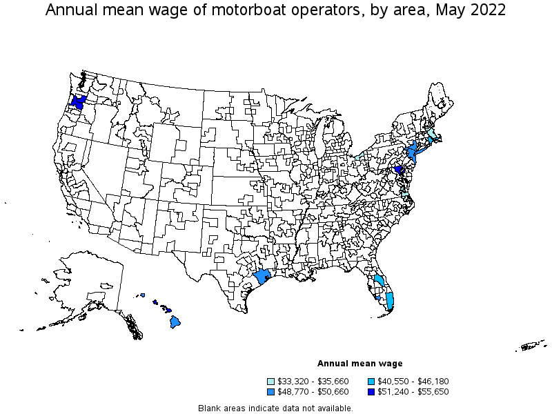 Map of annual mean wages of motorboat operators by area, May 2022