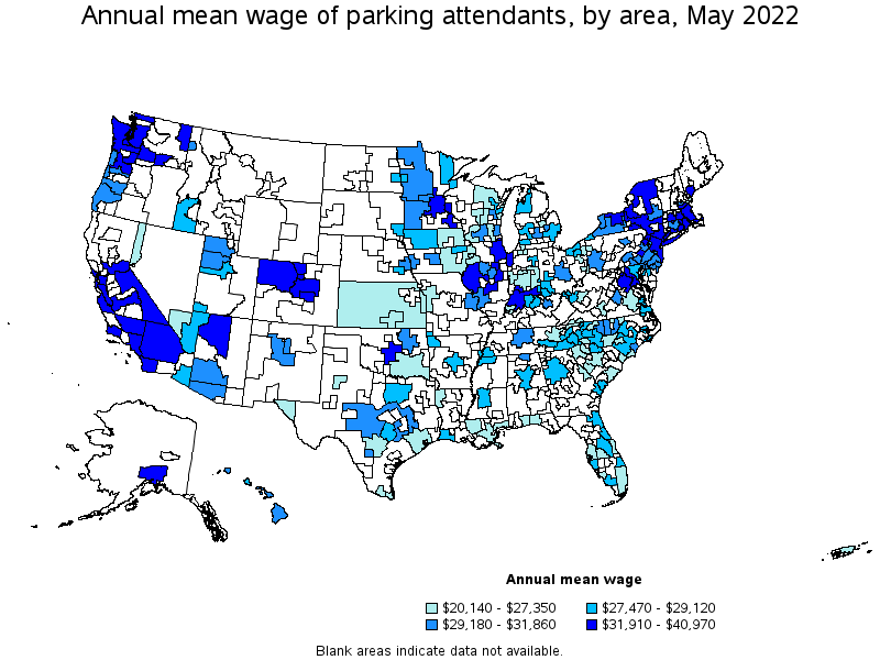 Map of annual mean wages of parking attendants by area, May 2022
