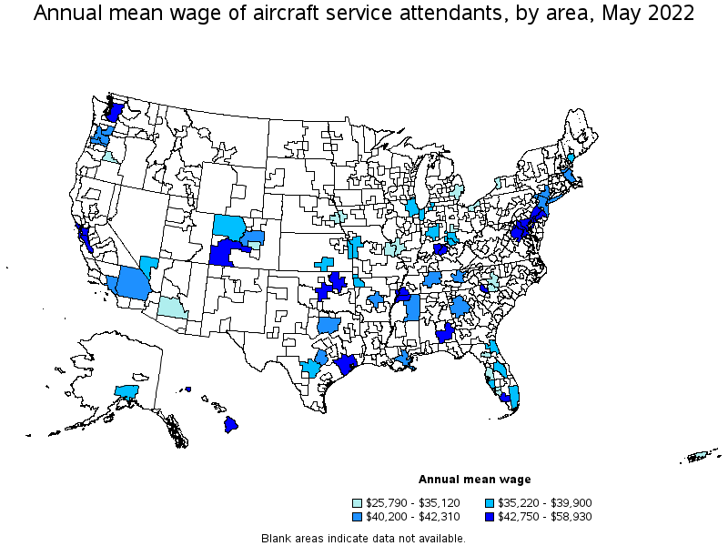 Map of annual mean wages of aircraft service attendants by area, May 2022