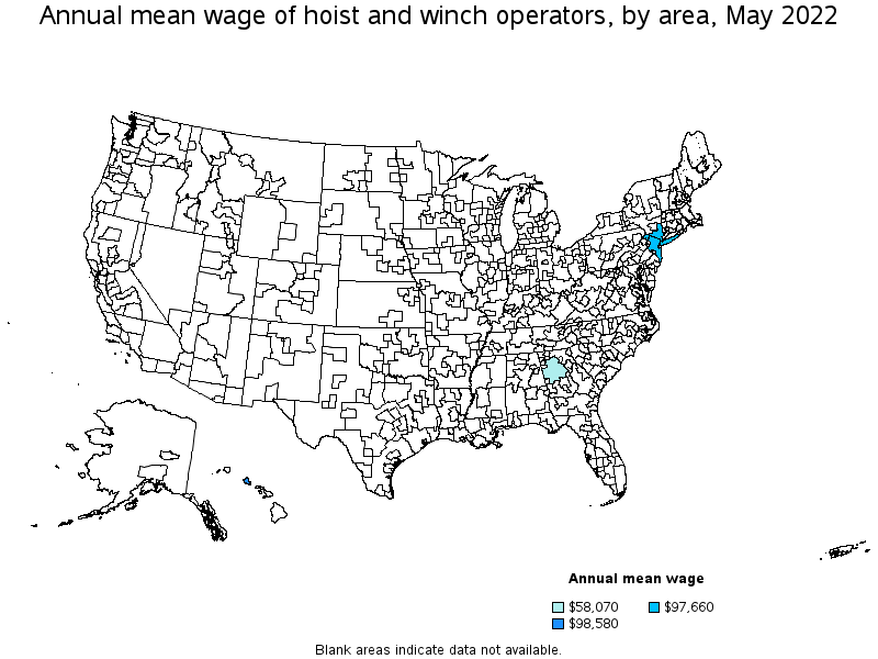 Map of annual mean wages of hoist and winch operators by area, May 2022