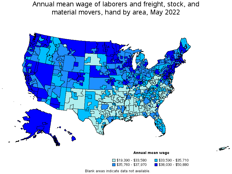Map of annual mean wages of laborers and freight, stock, and material movers, hand by area, May 2022