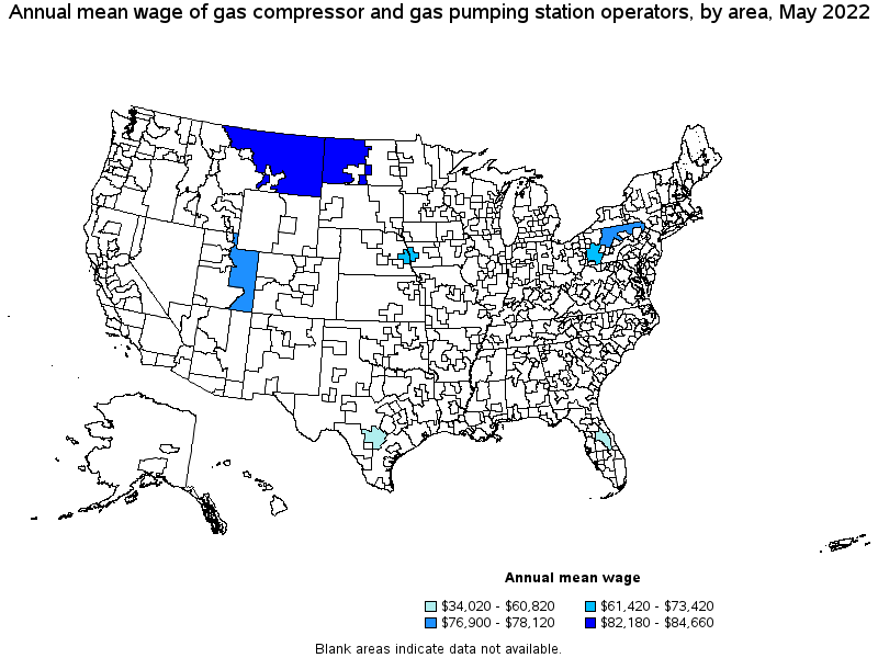 Map of annual mean wages of gas compressor and gas pumping station operators by area, May 2022