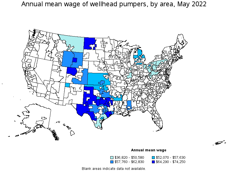 Map of annual mean wages of wellhead pumpers by area, May 2022