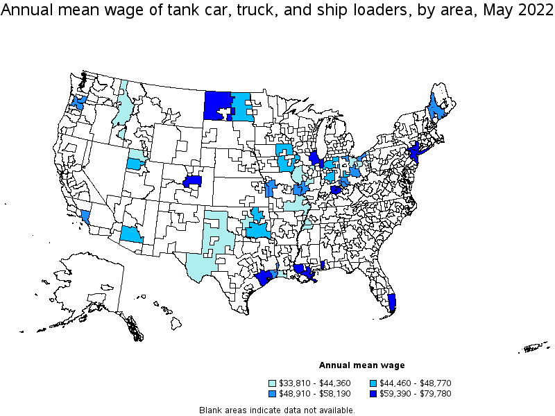 Map of annual mean wages of tank car, truck, and ship loaders by area, May 2022