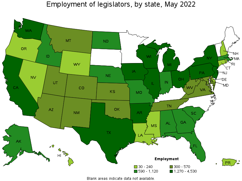 Map of employment of legislators by state, May 2022