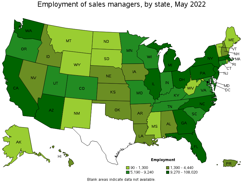 Map of employment of sales managers by state, May 2022